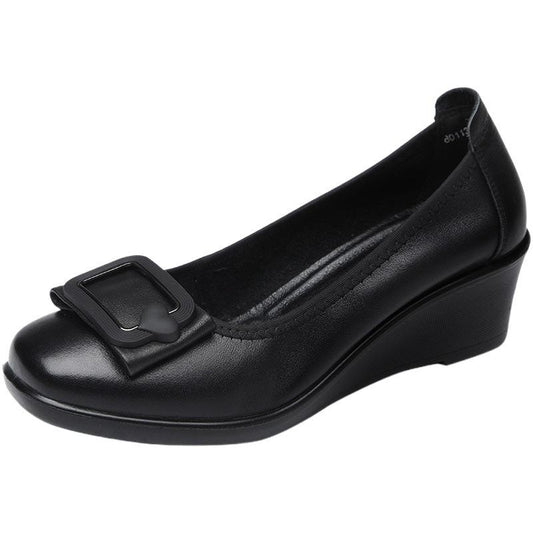 Soft Leather Slip-On Flats for Women | Comfortable Low Wedge Heel | Spring Casual Shoes for Wide Feet