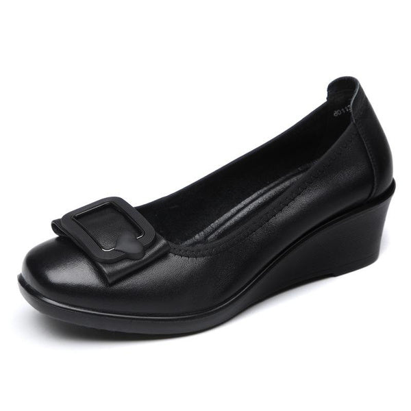 Soft Leather Slip-On Flats for Women | Comfortable Low Wedge Heel | Spring Casual Shoes for Wide Feet