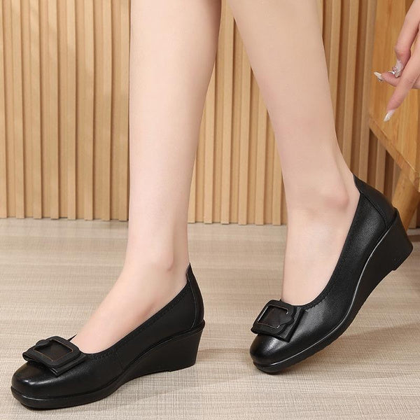 Soft Leather Slip-On Flats for Women | Comfortable Low Wedge Heel | Spring Casual Shoes for Wide Feet