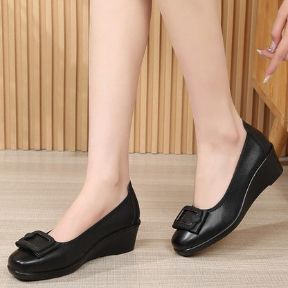Soft Leather Slip-On Flats for Women | Comfortable Low Wedge Heel | Spring Casual Shoes for Wide Feet