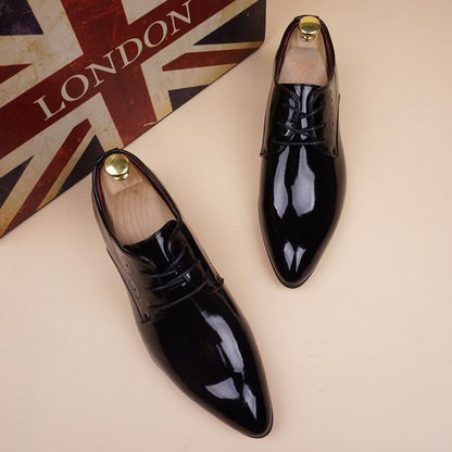 Men's Fashion Pointed Toe Dress Shoes Shiny Leather Business Casual Shoes with Hidden Height Increase