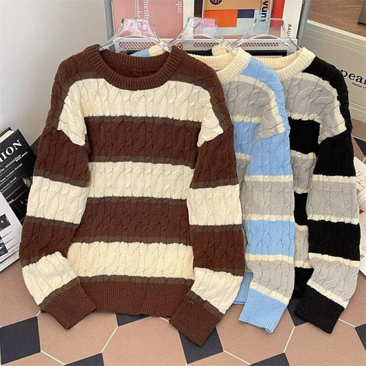 Vintage American Style Cable Knit Sweater Men's Casual Oversized Color Block Striped Warm Pullover