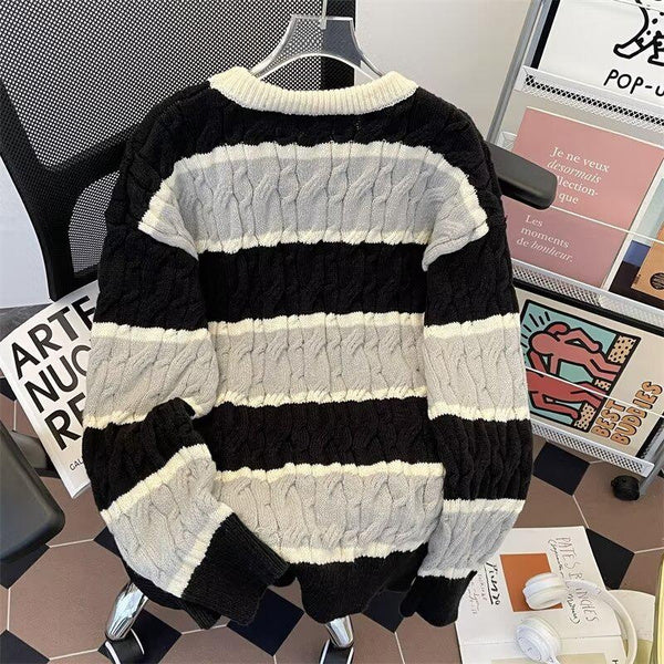Vintage American Style Cable Knit Sweater Men's Casual Oversized Color Block Striped Warm Pullover