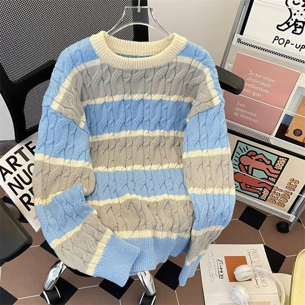 Vintage American Style Cable Knit Sweater Men's Casual Oversized Color Block Striped Warm Pullover