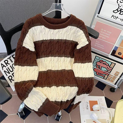 Vintage American Style Cable Knit Sweater Men's Casual Oversized Color Block Striped Warm Pullover