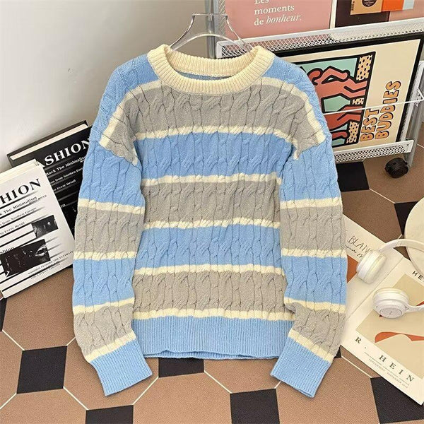 Vintage American Style Cable Knit Sweater Men's Casual Oversized Color Block Striped Warm Pullover