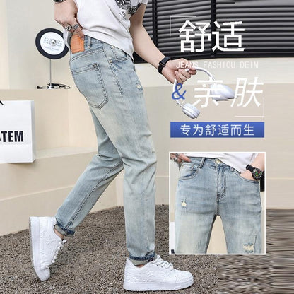 Men's Light Blue Ripped Jeans Slim Fit Skinny Denim Pants Retro Vintage Style