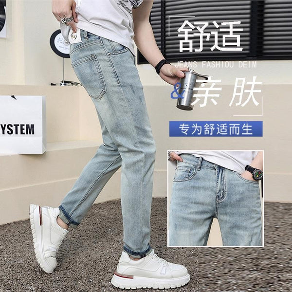 Men's Light Blue Ripped Jeans Slim Fit Skinny Denim Pants Retro Vintage Style