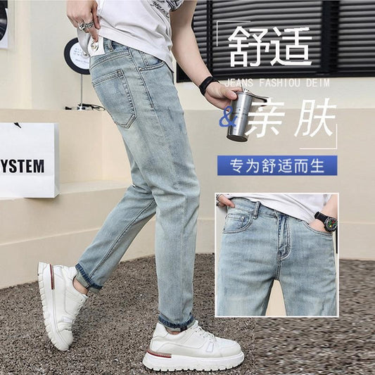 Men's Light Blue Ripped Jeans Slim Fit Skinny Denim Pants Retro Vintage Style