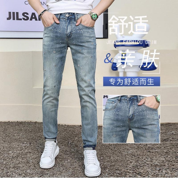 Men's Light Blue Ripped Jeans Slim Fit Skinny Denim Pants Retro Vintage Style