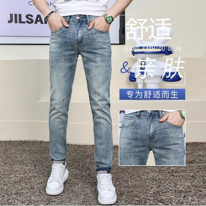 Men's Light Blue Ripped Jeans Slim Fit Skinny Denim Pants Retro Vintage Style