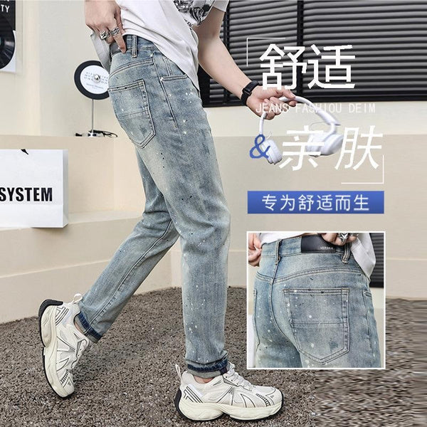 Men's Light Blue Ripped Jeans Slim Fit Skinny Denim Pants Retro Vintage Style
