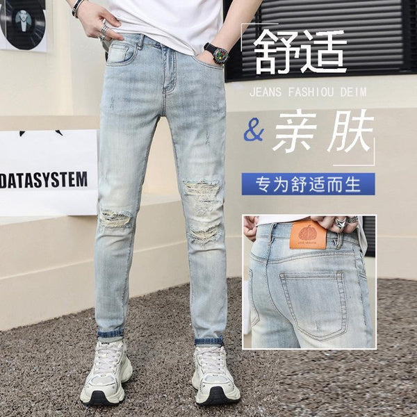 Men's Light Blue Ripped Jeans Slim Fit Skinny Denim Pants Retro Vintage Style