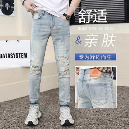 Men's Light Blue Ripped Jeans Slim Fit Skinny Denim Pants Retro Vintage Style