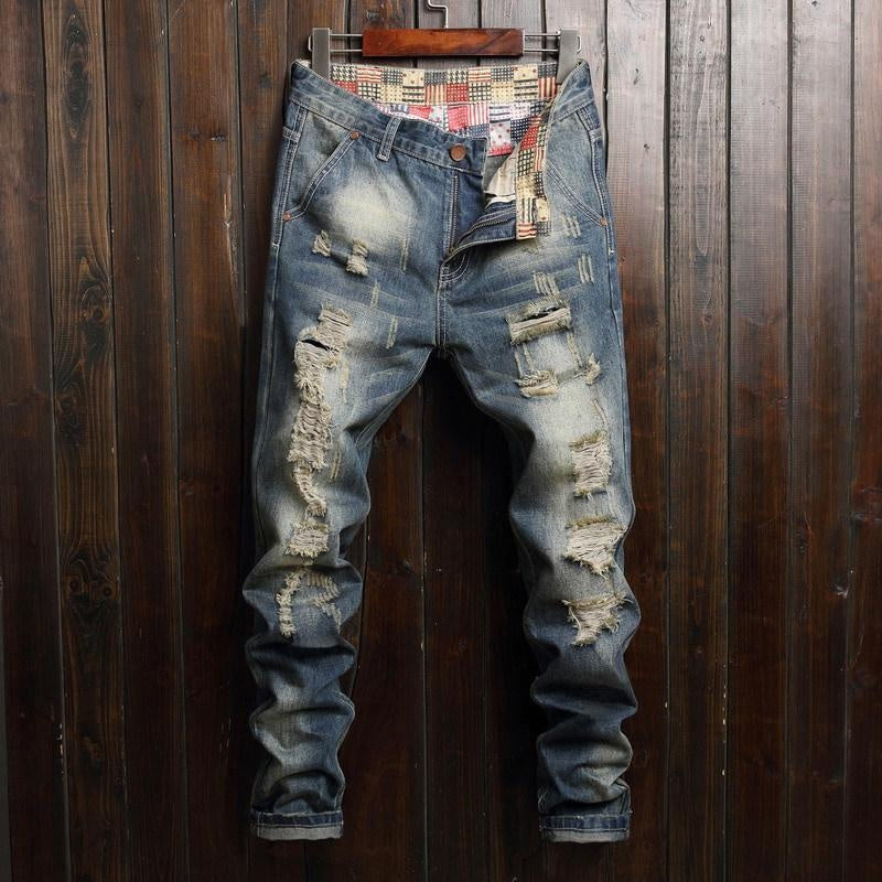 Men's Skinny Jeans Ripped Denim Pants Trendy Slim Fit Stretch Trousers