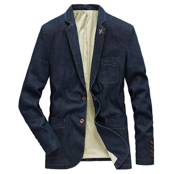 Stylish Denim Blazer Jacket for Men - Slim Fit Business Casual Suit with Notch Lapel