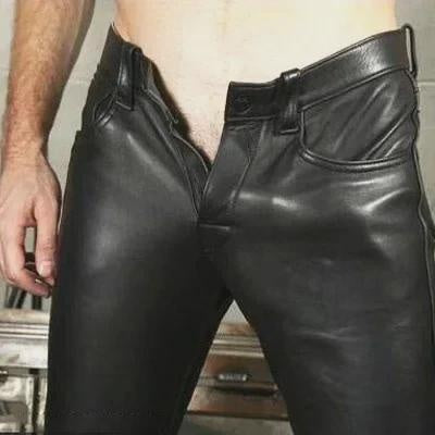 Men's PU Leather Pants Stretch Biker Trousers Slim Fit Motorcycle Style