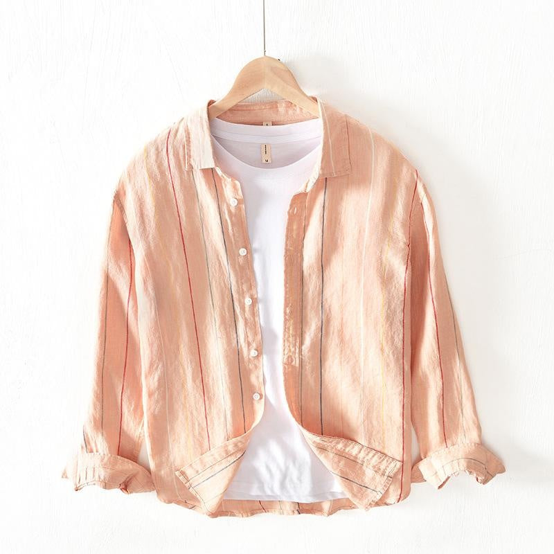 Men's Casual Long Sleeve Shirt Colorful Stripe Pattern Lightweight Breathable Loose Fit