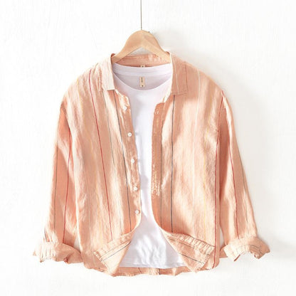 Men's Casual Long Sleeve Shirt Colorful Stripe Pattern Lightweight Breathable Loose Fit