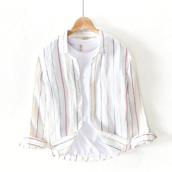 Men's Casual Long Sleeve Shirt Colorful Stripe Pattern Lightweight Breathable Loose Fit