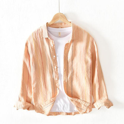 Men's Casual Long Sleeve Shirt Colorful Stripe Pattern Lightweight Breathable Loose Fit