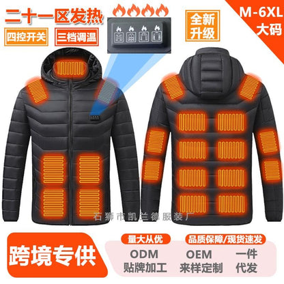 4-Zone Heated Hooded Jacket with 21 Heat Panels for Outdoor Winter Warmth