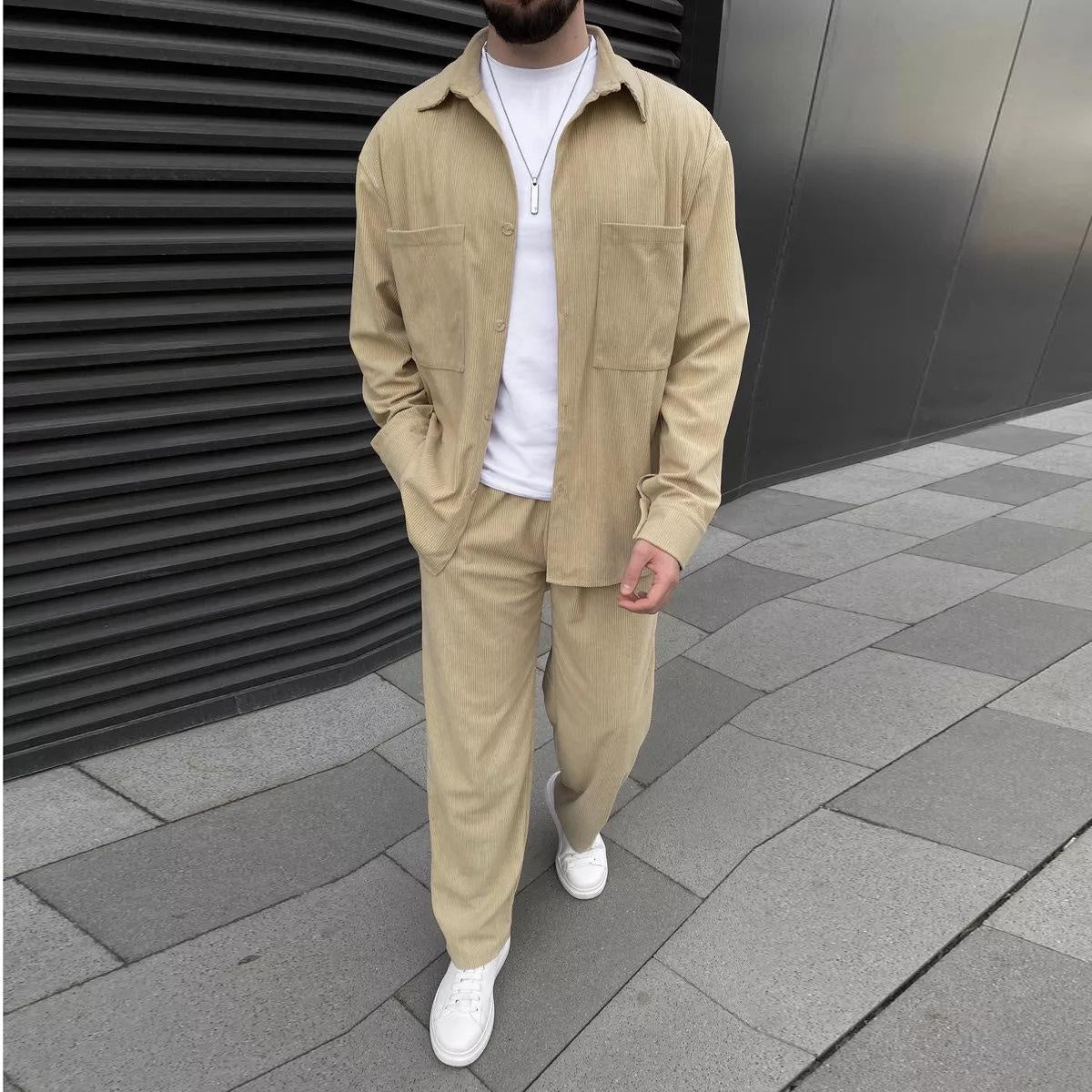 Men's Corduroy Jacket and Pants Set Casual Long Sleeve Coat with Trousers Two-Piece Outfit