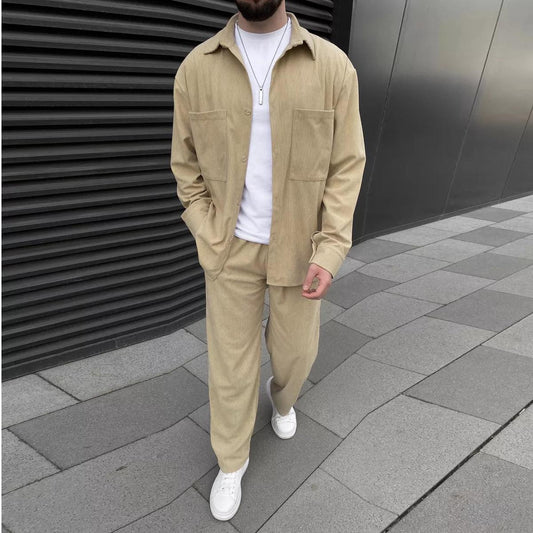 Men's Corduroy Jacket and Pants Set Casual Long Sleeve Coat with Trousers Two-Piece Outfit