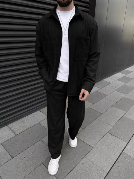 Men's Corduroy Jacket and Pants Set Casual Long Sleeve Coat with Trousers Two-Piece Outfit