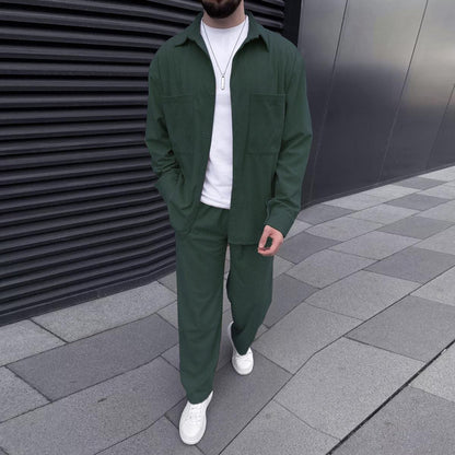 Men's Corduroy Jacket and Pants Set Casual Long Sleeve Coat with Trousers Two-Piece Outfit