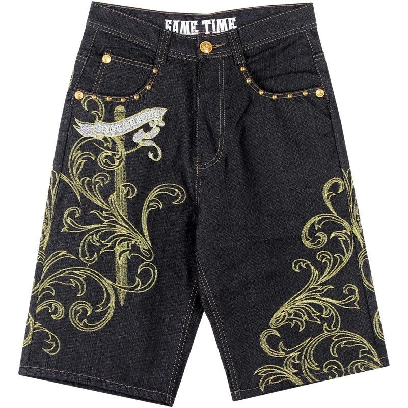 남성용 자수 배기 데님 반바지, 여름용 힙합 스트리트 댄스 카고 카프리 팬츠