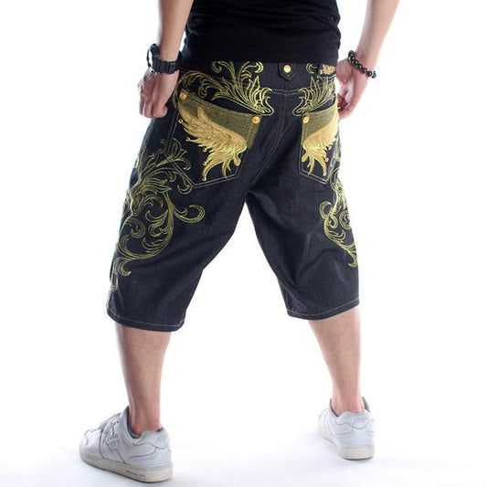 Men's Baggy Denim Shorts with Embroidery, Hip Hop Street Dance Cargo Capri Pants for Summer
