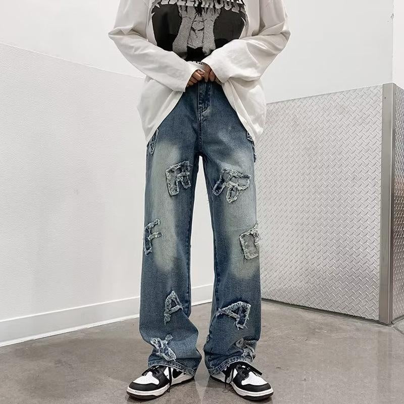 Hip Hop Baggy Jeans for Men with Patchwork Design, Distressed Washed Denim Wide Leg Trousers