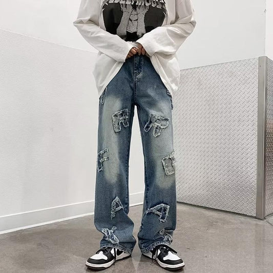 Hip Hop Baggy Jeans for Men with Patchwork Design, Distressed Washed Denim Wide Leg Trousers