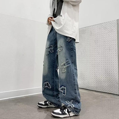 Hip Hop Baggy Jeans for Men with Patchwork Design, Distressed Washed Denim Wide Leg Trousers