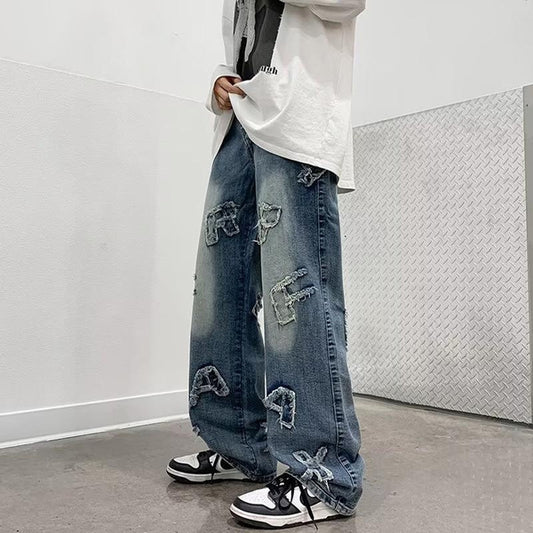 Hip Hop Baggy Jeans for Men with Patchwork Design, Distressed Washed Denim Wide Leg Trousers