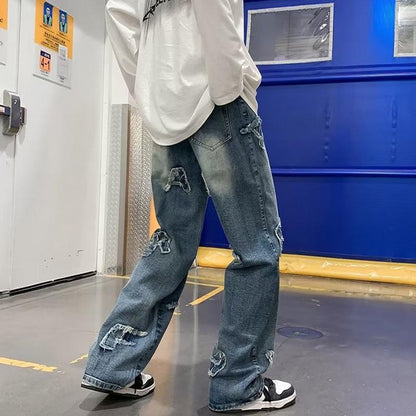 Hip Hop Baggy Jeans for Men with Patchwork Design, Distressed Washed Denim Wide Leg Trousers