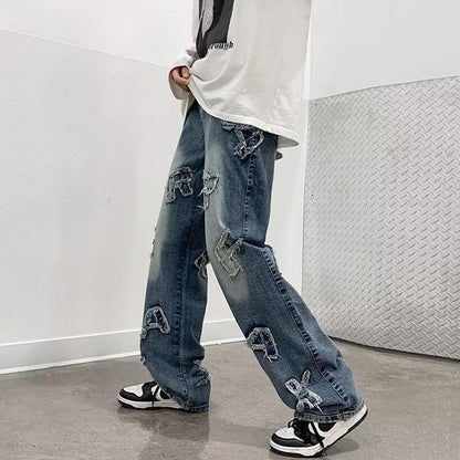 Hip Hop Baggy Jeans for Men with Patchwork Design, Distressed Washed Denim Wide Leg Trousers