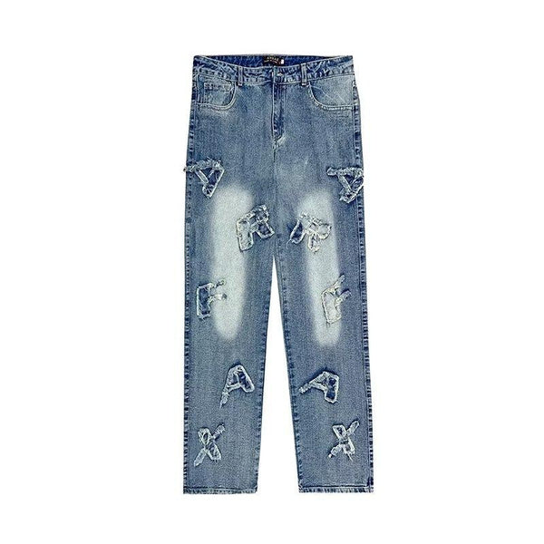 Hip Hop Baggy Jeans for Men with Patchwork Design, Distressed Washed Denim Wide Leg Trousers