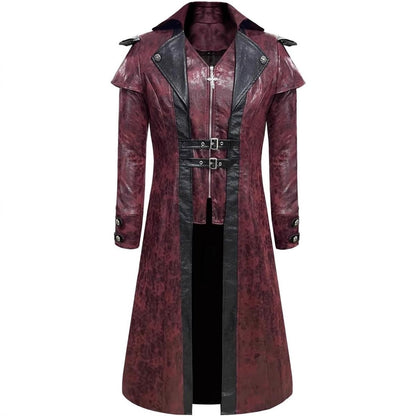 Gothic Punk Long Leather Coat - Medieval Vintage PU Leather Trench Coat for Halloween & Performance