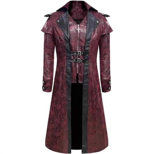 Gothic Punk Long Leather Coat - Medieval Vintage PU Leather Trench Coat for Halloween & Performance