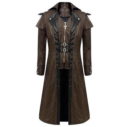Gothic Punk Long Leather Coat - Medieval Vintage PU Leather Trench Coat for Halloween & Performance