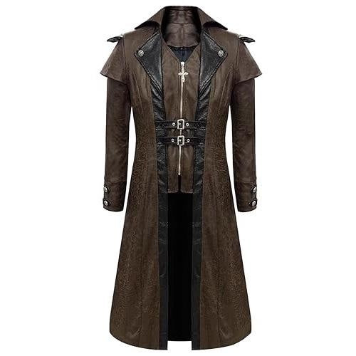 Gothic Punk Long Leather Coat - Medieval Vintage PU Leather Trench Coat for Halloween & Performance
