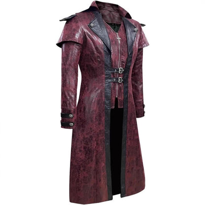 Gothic Punk Long Leather Coat - Medieval Vintage PU Leather Trench Coat for Halloween & Performance