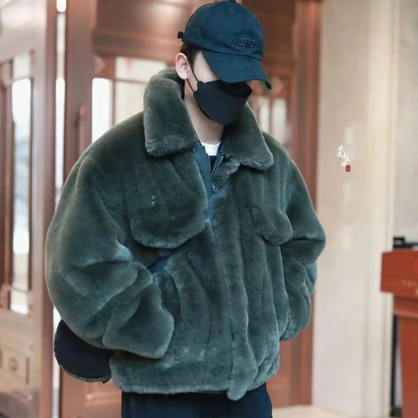 Men's Winter Faux Rabbit Fur Coat Warm Fashionable Plush Outerwear