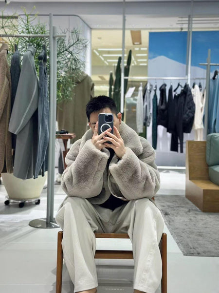 Men's Winter Faux Rabbit Fur Coat Warm Fashionable Plush Outerwear