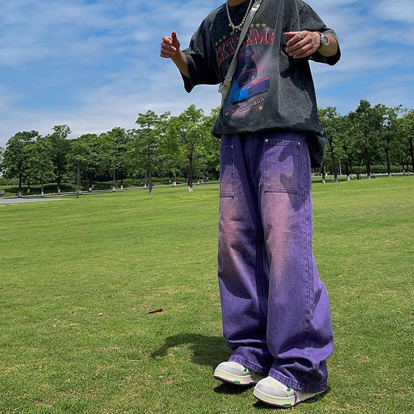 Men's Purple Baggy Jeans High Street Baggy Pants Hip Hop Retro Loose Fit Trousers