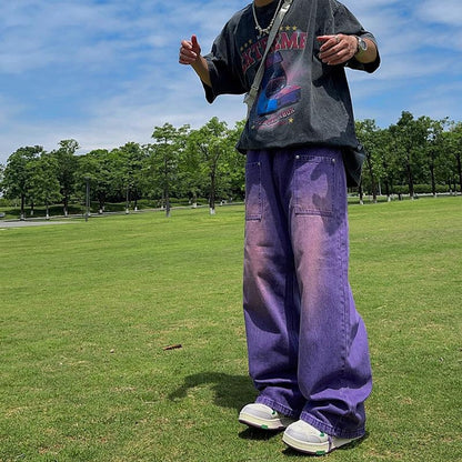 Men's Purple Baggy Jeans High Street Baggy Pants Hip Hop Retro Loose Fit Trousers