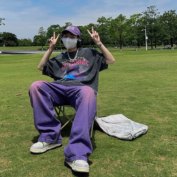 Men's Purple Baggy Jeans High Street Baggy Pants Hip Hop Retro Loose Fit Trousers