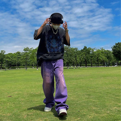 Men's Purple Baggy Jeans High Street Baggy Pants Hip Hop Retro Loose Fit Trousers